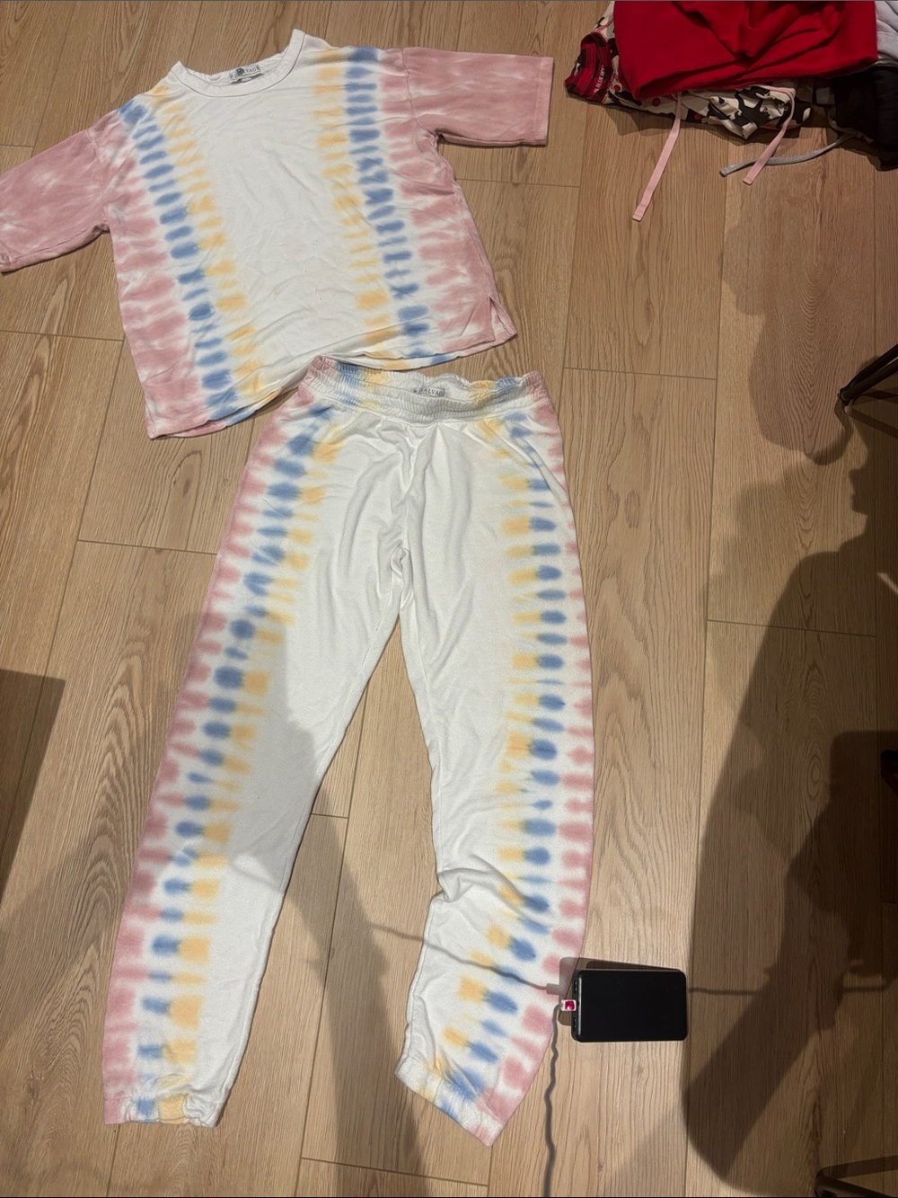 PJ Salvage Girls' White Tie-Dye Lounge Set with Pink, Blue & Yellow